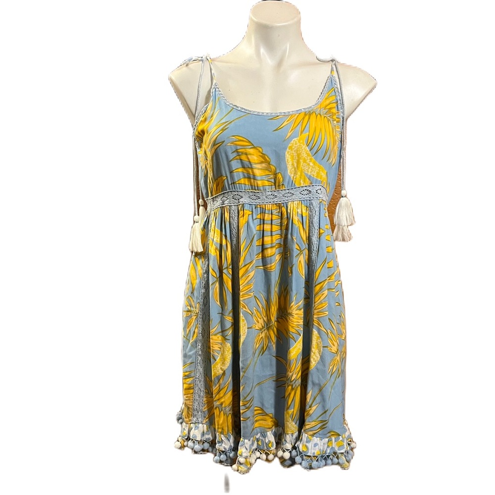 Ranees Tropical Blue and Yellow Sundress with pom pom hem L/XL